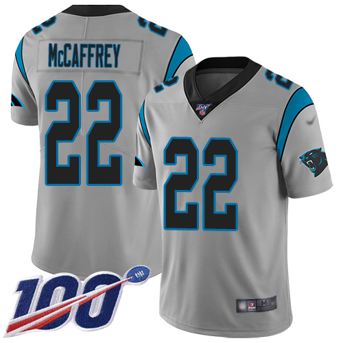 Nike Panthers #22 Christian McCaffrey Silver Youth Stitched NFL Limited Inverted Legend 100th Season Jersey