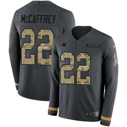 Nike Panthers #22 Christian McCaffrey Anthracite Salute to Service Youth Stitched NFL Limited Therma Long Sleeve Jersey