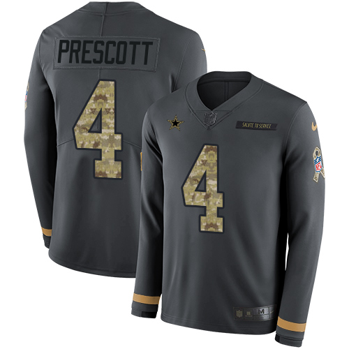 Nike Cowboys #4 Dak Prescott Anthracite Salute to Service Youth Stitched NFL Limited Therma Long Sleeve Jersey