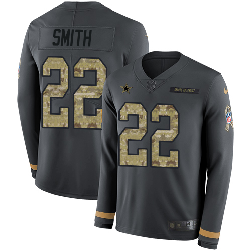 Nike Cowboys #22 Emmitt Smith Anthracite Salute to Service Youth Stitched NFL Limited Therma Long Sleeve Jersey
