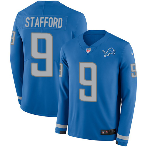 Nike Lions #9 Matthew Stafford Light Blue Team Color Youth Stitched NFL Limited Therma Long Sleeve Jersey
