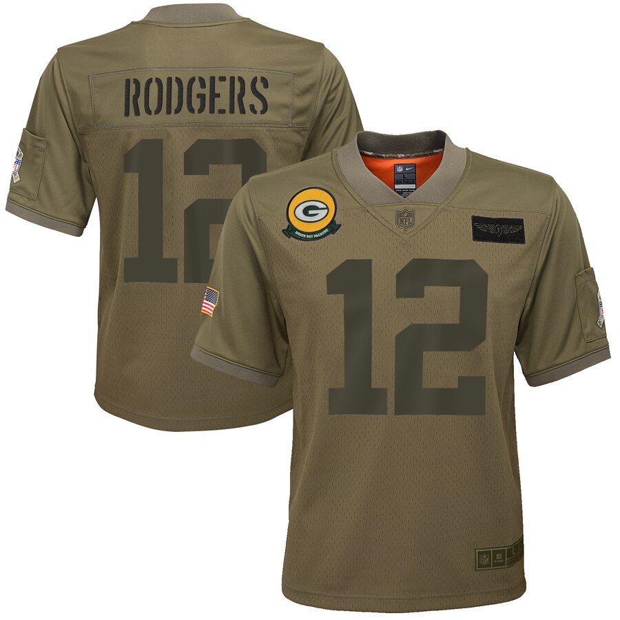 Youth Green Bay Packers #12 Aaron Rodgers Nike Camo 2019 Salute to Service Game Jersey