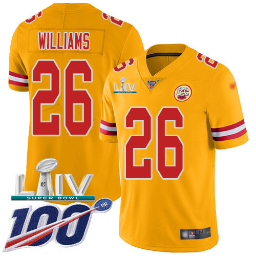 Nike Chiefs #26 Damien Williams Gold Super Bowl LIV 2020 Youth Stitched NFL Limited Inverted Legend 100th Season Jersey