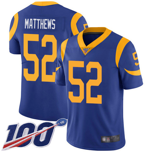 Nike Rams #52 Clay Matthews Royal Blue Alternate Youth Stitched NFL 100th Season Vapor Limited Jersey