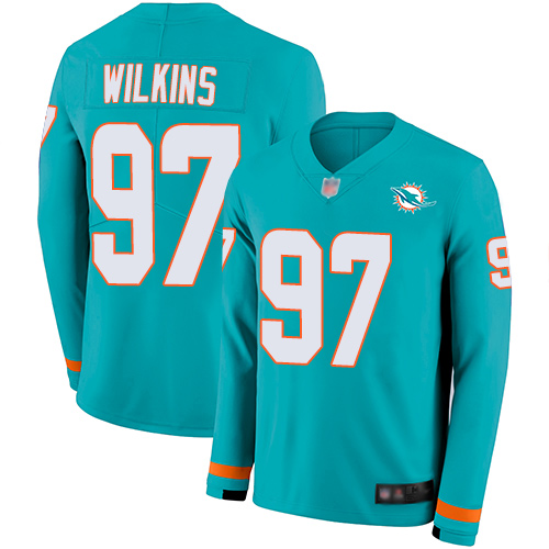 Nike Dolphins #97 Christian Wilkins Aqua Green Team Color Youth Stitched NFL Limited Therma Long Sleeve Jersey