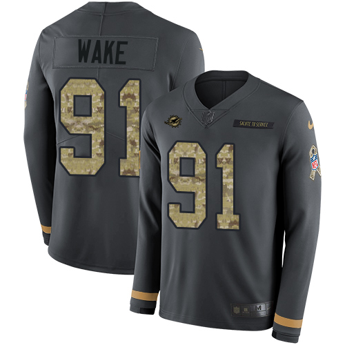 Nike Dolphins #91 Cameron Wake Anthracite Salute to Service Youth Stitched NFL Limited Therma Long Sleeve Jersey