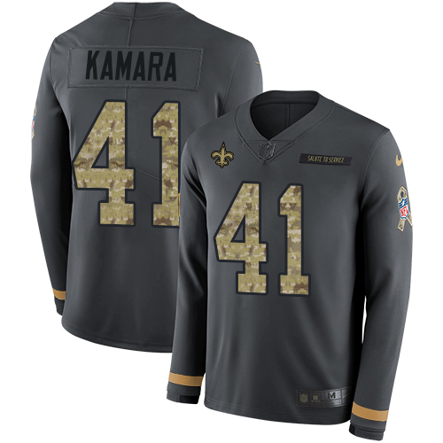 Nike Saints #41 Alvin Kamara Anthracite Salute to Service Youth Stitched NFL Limited Therma Long Sleeve Jersey Nike Saints #41 Alvin Kamara Anthracite Salute to Service Youth Stitched NFL Limited Therma Long Sleeve Jersey