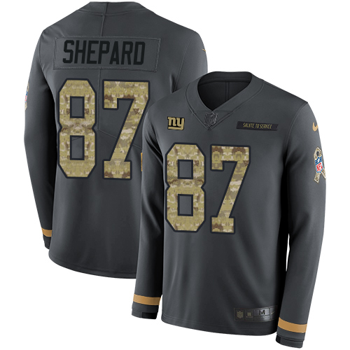 Nike Giants #87 Sterling Shepard Anthracite Salute to Service Youth Stitched NFL Limited Therma Long Sleeve Jersey