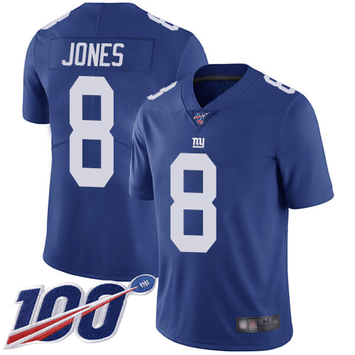 Nike Giants #8 Daniel Jones Royal Blue Team Color Youth Stitched NFL 100th Season Vapor Limited Jersey