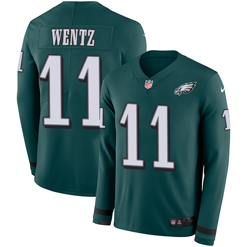 Nike Eagles #11 Carson Wentz Midnight Green Team Color Youth Stitched NFL Limited Therma Long Sleeve Jersey