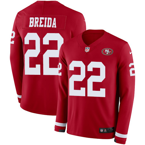 Nike 49ers #22 Matt Breida Red Team Color Youth Stitched NFL Limited Therma Long Sleeve Jersey