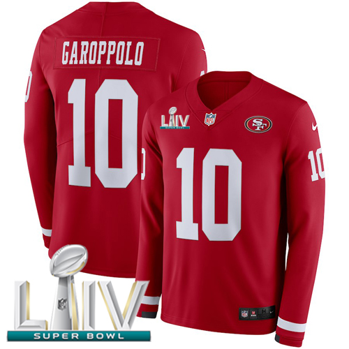 Nike 49ers #10 Jimmy Garoppolo Red Super Bowl LIV 2020 Team Color Youth Stitched NFL Limited Therma Long Sleeve Jersey