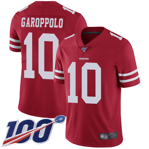 Nike 49ers #10 Jimmy Garoppolo Red Team Color Youth Stitched NFL 100th Season Vapor Limited Jersey