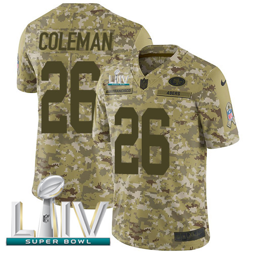 Nike 49ers #26 Tevin Coleman Camo Super Bowl LIV 2020 Youth Stitched NFL Limited 2018 Salute To Service Jersey