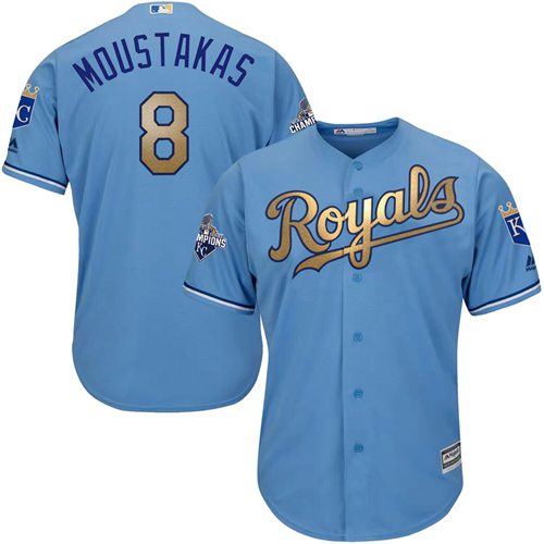Royals #8 Mike Moustakas Light Blue 2015 World Series Champions Gold Program Cool Base Stitched Youth MLB Jersey