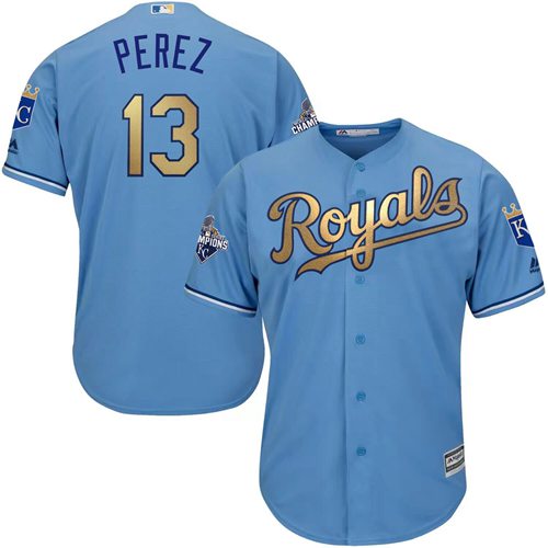 Royals #13 Salvador Perez Light Blue 2015 World Series Champions Gold Program Cool Base Stitched Youth MLB Jersey