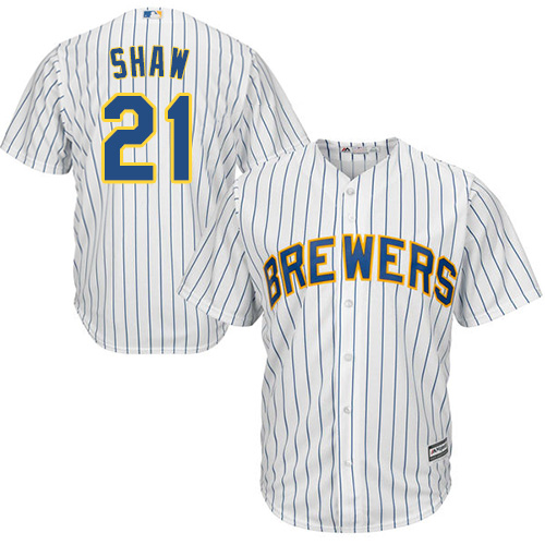 Brewers #21 Travis Shaw White Strip Cool Base Stitched Youth MLB Jersey