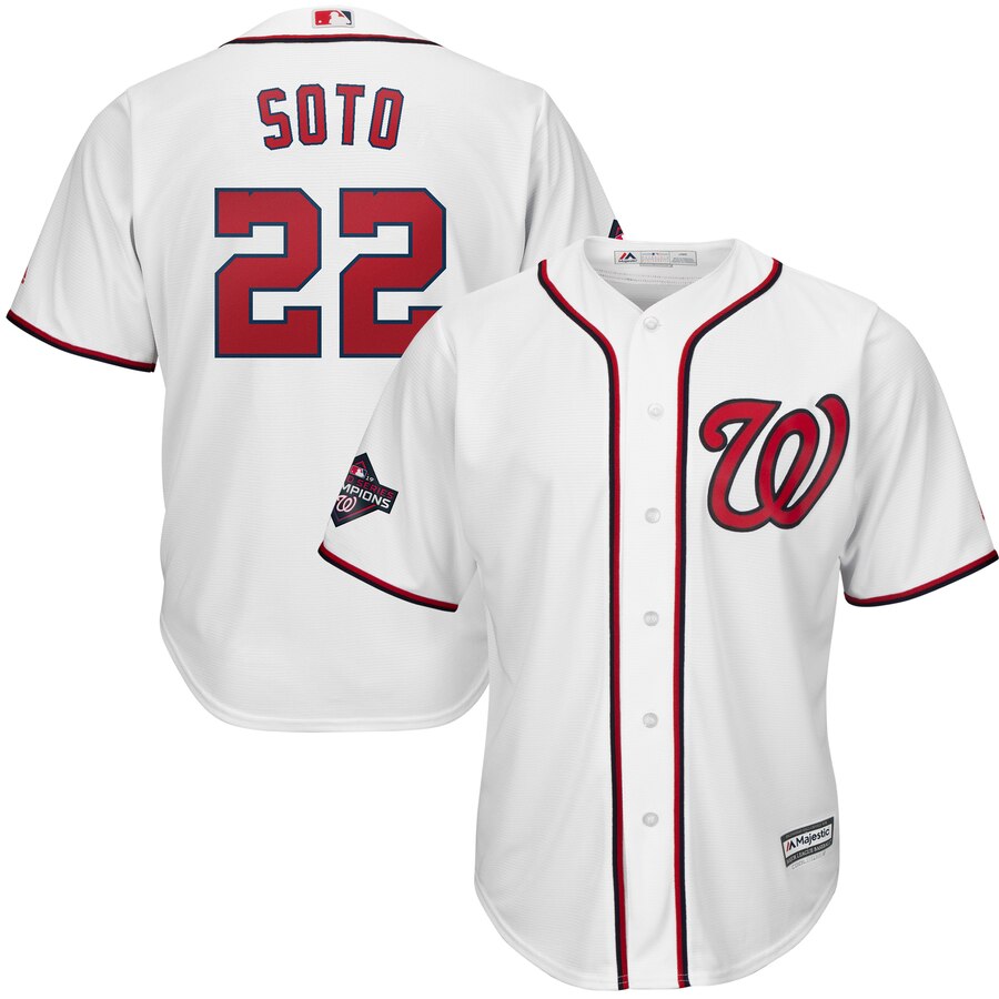 Washington Nationals #22 Juan Soto Majestic Youth 2019 World Series Champions Home Cool Base Patch Player Jersey White
