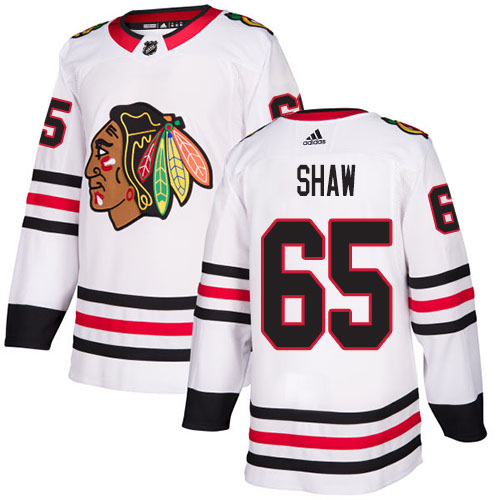 Adidas Blackhawks #65 Andrew Shaw White Road Authentic Stitched Youth NHL Jersey