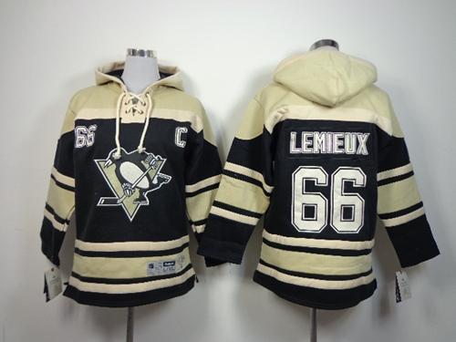 Penguins #66 Mario Lemieux Black Sawyer Hooded Sweatshirt Stitched Youth NHL Jersey