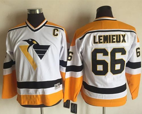 Penguins #66 Mario Lemieux White/Yellow CCM Throwback Stitched Youth NHL Jersey