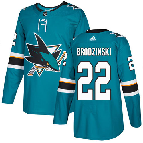 Adidas Sharks #22 Jonny Brodzinski Teal Home Authentic Stitched Youth NHL Jersey