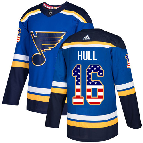 Adidas Blues #16 Brett Hull Blue Home Authentic USA Flag Stitched Youth NHL Jersey