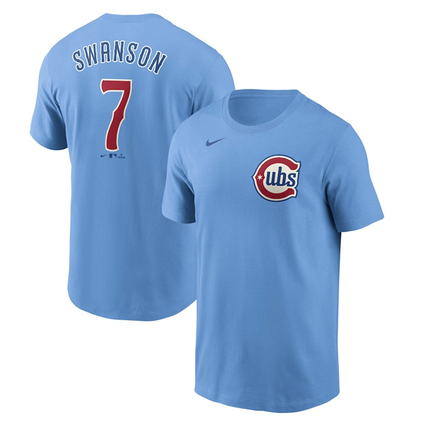 Youth Chicago Cubs #7 Dansby Swanson Baby Blue Fuse Name & Number T-Shirt