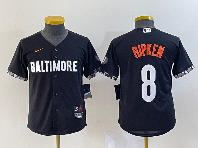 Youth Baltimore Orioles #8 Cal Ripken Jr. Black 2023 City Connect Stitched Baseball Jersey