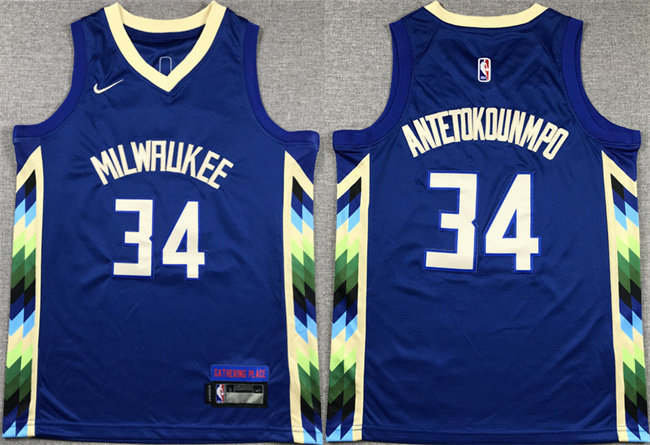 Youth Milwaukee Bucks #34 Giannis Antetokounmpo Blue City Edition Stitched Basketball Jersey