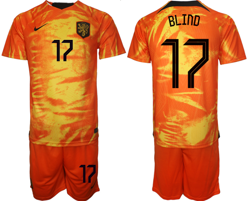 Men's Netherlands #17 Blind Orange Home Soccer Jersey Suit