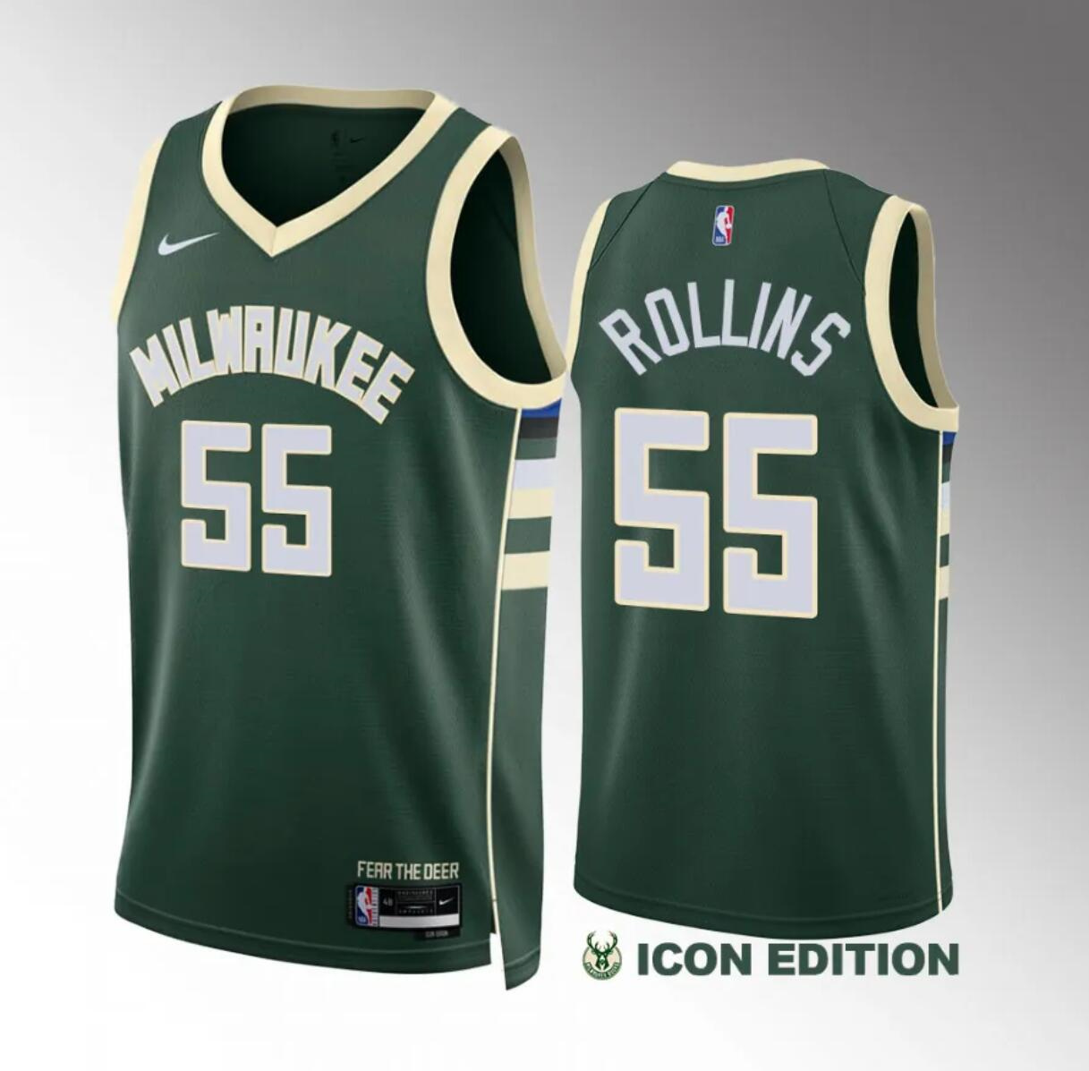 Men's Milwaukee Bucks #55 Ryan Rollins Green Icon Edition Stitched Basketball Jersey