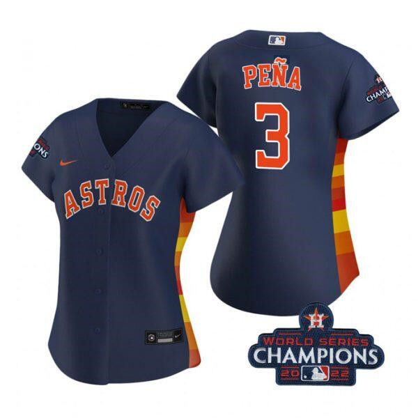 Women's Houston Astros #3 Jeremy Peña Navy 2022 World Series Champions Stitched Baseball Jersey(Run Small)