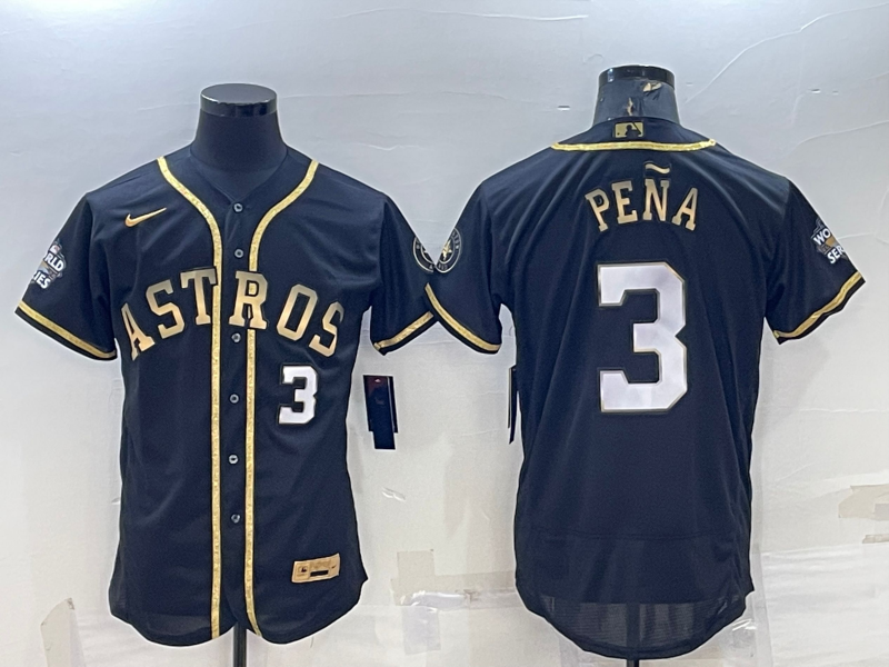 Men's Houston Astros #3 Jeremy Peña Black Gold 2022 World Series Flex Base Stitched Jersey Men's Houston Astros #3 Jeremy Peña Black Gold 2022 World Series Flex Base Stitched Jersey