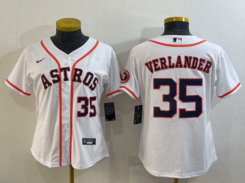 Women's Houston Astros #35 Justin Verlander White With Patch Cool Base Stitched Baseball Jersey(Run Small)