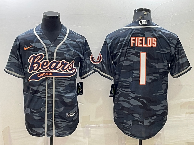 Men's Chicago Bears Blank #1 Justin Fields Grey Camo With Patch Cool Base Stitched Baseball Jersey 001