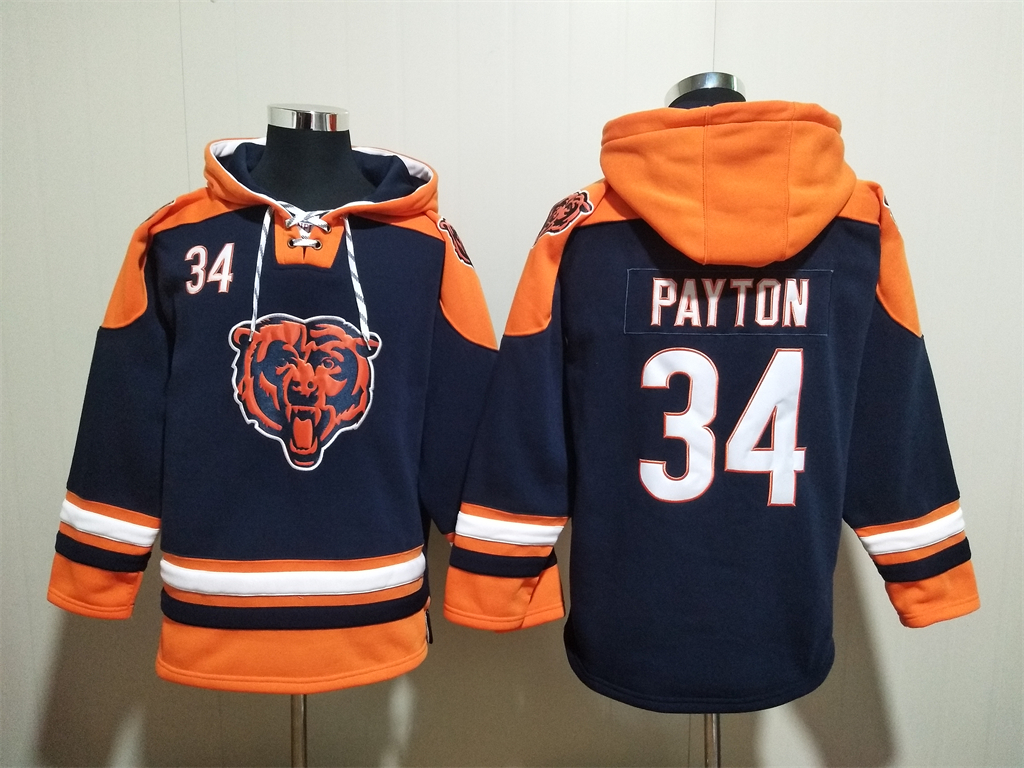 Men's Chicago Bears #34 Walter Payton Navy Ageless Must-Have Lace-Up Pullover Hoodie