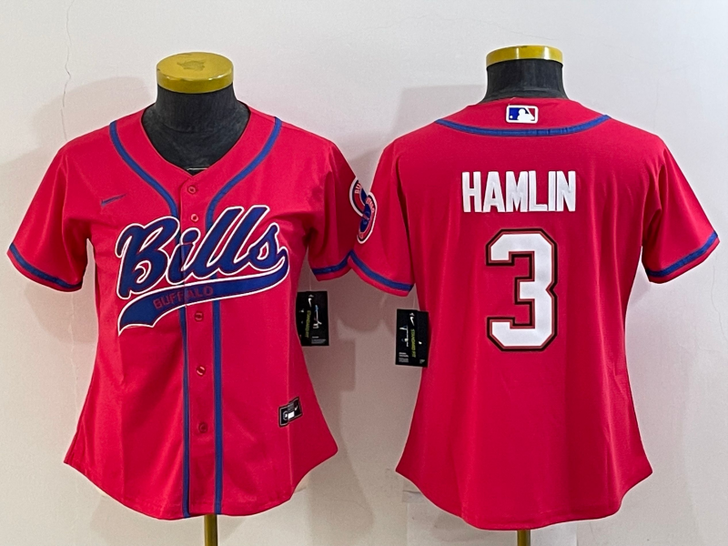 Women's Buffalo Bills #3 Damar Hamlin Red With Patch Cool Base Stitched Baseball Jersey(Run Small)