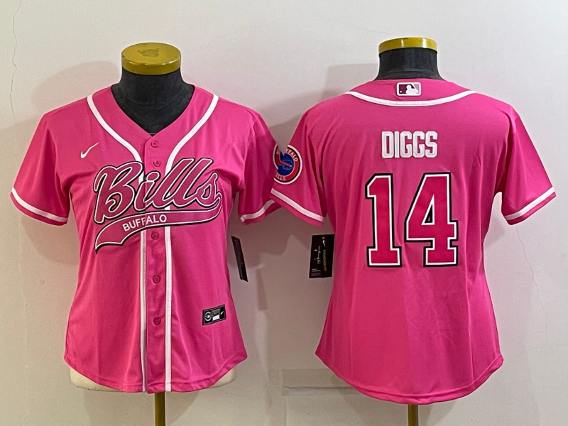 Women's Buffalo Bills #14 Stefon Diggs Pink With Patch Cool Base Stitched Baseball Jersey(Run Small)
