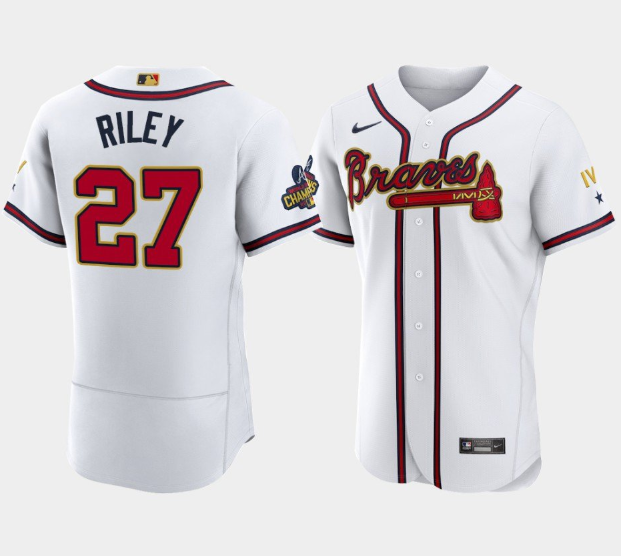 Men's Atlanta Braves #27 Austin Riley 2022 White/Gold World Series Champions Program Flex Base Stitched Baseball Jersey