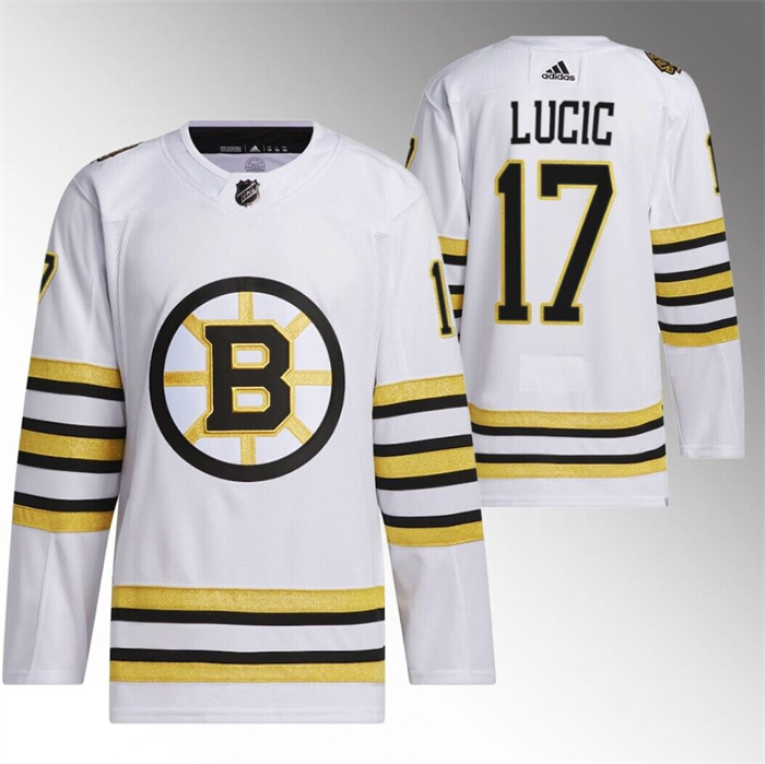 Men's Boston Bruins #17 Milan Lucic White 100th Anniversary Stitched Jersey