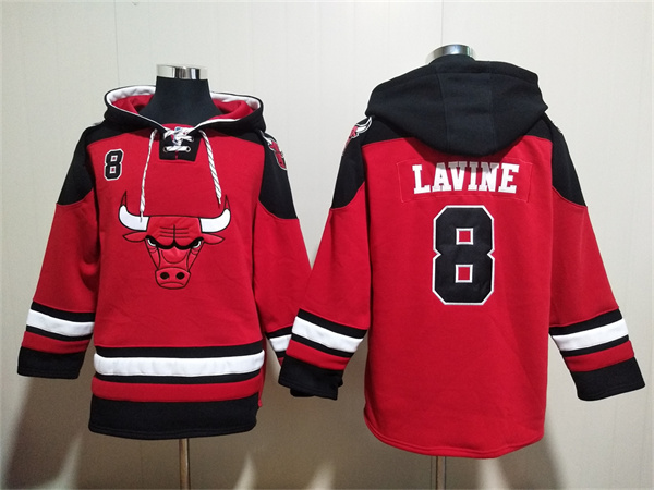 Men's Chicago Bulls #8 Zach LaVine Red/Black Ageless Must-Have Lace-Up Pullover Hoodie
