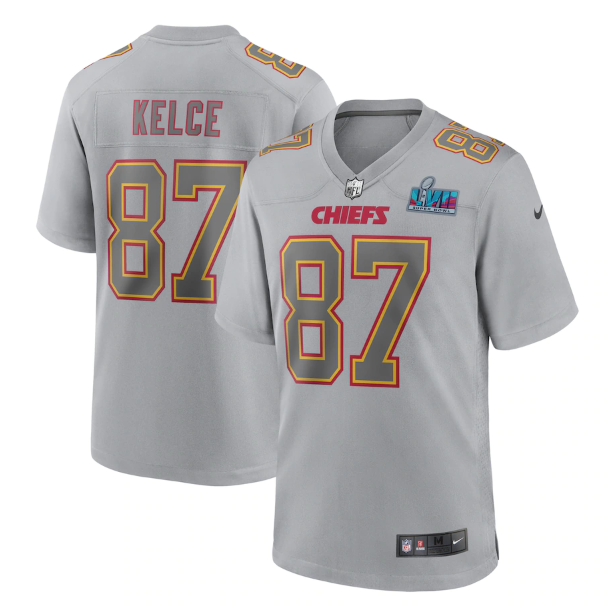 Women's Kansas City Chiefs #87 Travis Kelce Grey Super Bowl LVII Patch Atmosphere Fashion Stitched Game Jersey(Run Small)
