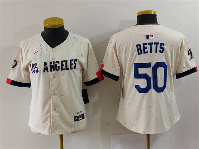Women's Los Angeles Dodgers #50 Mookie Betts Cream Stitched Jersey(Run Small)
