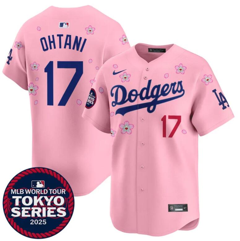 Men's Los Angeles Dodgers #17 Shohei Ohtani Pink 2025 Tokyo Series Limited Stitched Baseball Jersey Men's Los Angeles Dodgers #17 Shohei Ohtani Pink 2025 Tokyo Series Limited Stitched Baseball Jersey