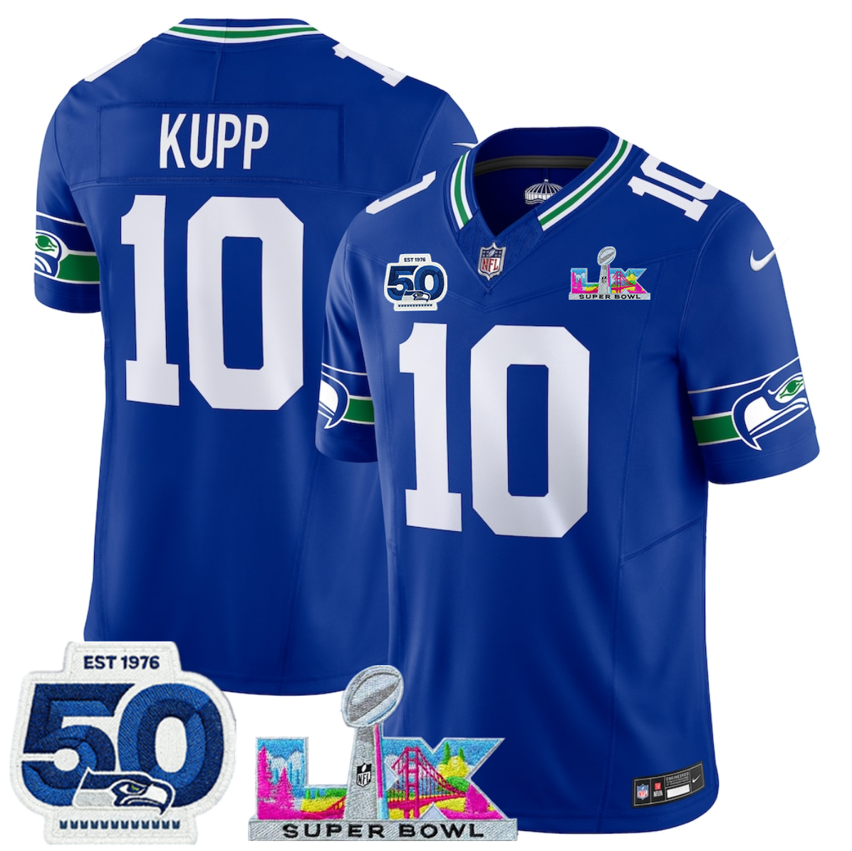 Youth Seattle Seahawks #10 Cooper Kupp Royal 2025 F.U.S.E. Super Bowl LX Patch And 50th Season Patch Vapor Throwback Limited Stitched Football Jersey Youth Seattle Seahawks #10 Cooper Kupp Royal 2025 F.U.S.E. Super Bowl LX Patch And 50th Season Patch Vapor Throwback Limited Stitched Football Jersey