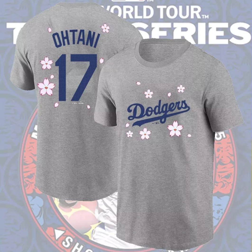Men's Los Angeles Dodgers #17 Shohei Ohtani Gray 2025 Tokyo Series Name & Number T-Shirt Men's Los Angeles Dodgers #17 Shohei Ohtani Gray 2025 Tokyo Series Name & Number T-Shirt