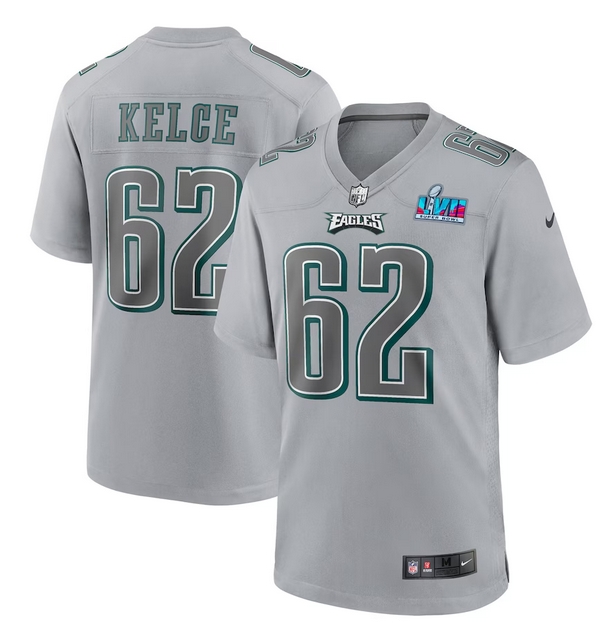 Women's Philadelphia Eagles #62 Jason Kelce Grey Super Bowl LVII Patch Atmosphere Fashion Stitched Game Jersey(Run Small)