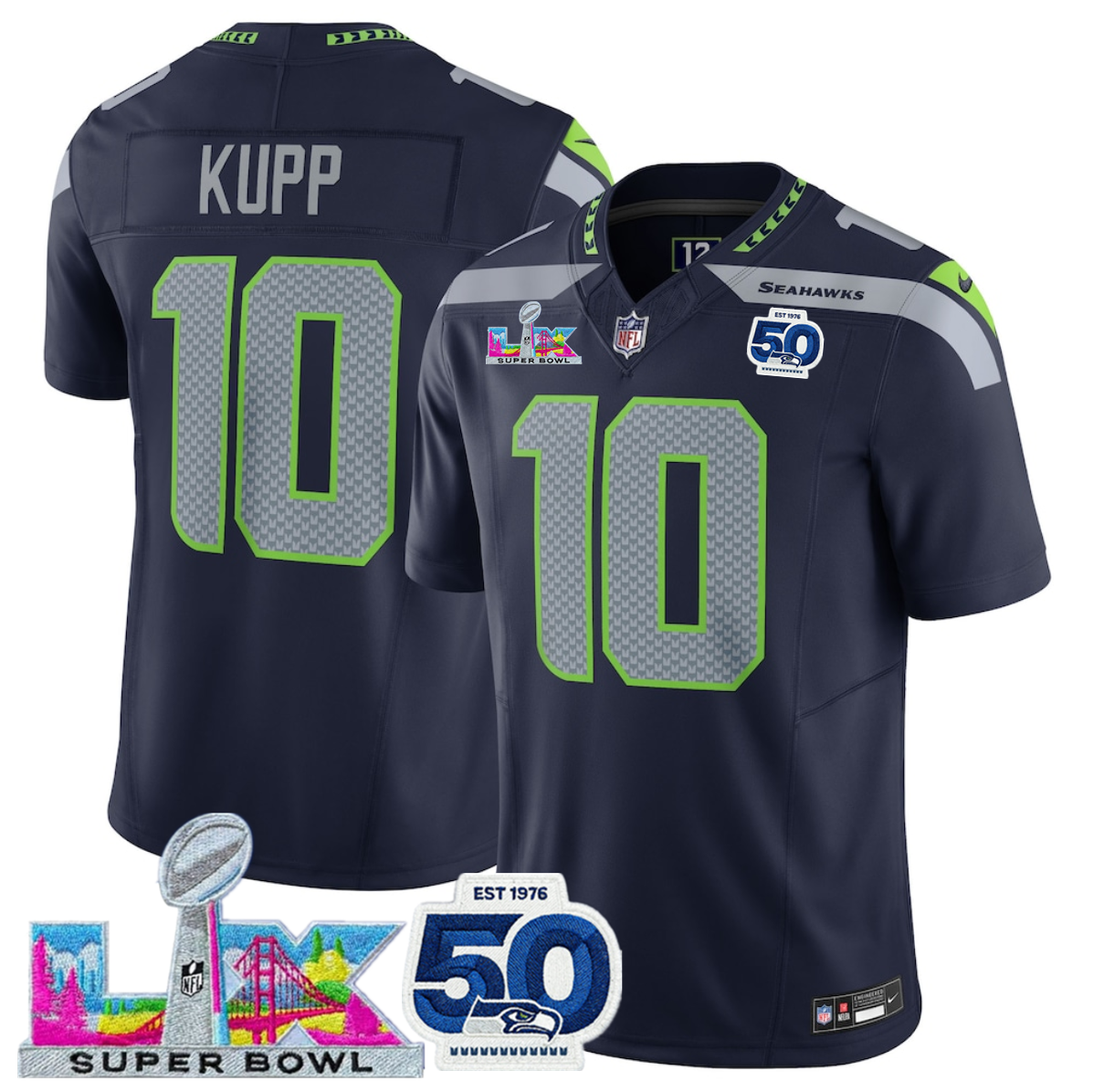 Women's Seattle Seahawks #10 Cooper Kupp Navy 2025 F.U.S.E. Super Bowl LX Patch And 50th Season Patch Vapor Limited Stitched Football Jersey(Run Small) Women's Seattle Seahawks #10 Cooper Kupp Navy 2025 F.U.S.E. Super Bowl LX Patch And 50th Season Patch Vapor Limited Stitched Football Jersey(Run Small)