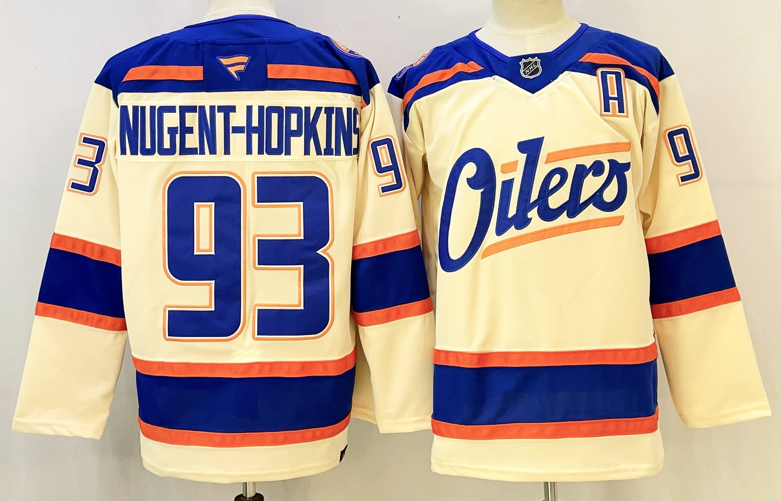 Men's Edmonton Oilers #93 Ryan Nugent-Hopkins Light Beige 2025 Alternate With A Patch Stitched Hockey Jersey Men's Edmonton Oilers #93 Ryan Nugent-Hopkins Light Beige 2025 Alternate With A Patch Stitched Hockey Jersey